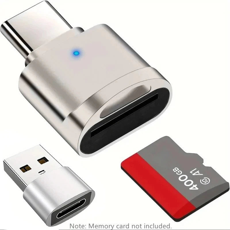 2-in-1 Aluminum Micro SD Card Reader with USB-C Adapter & LED Indicator